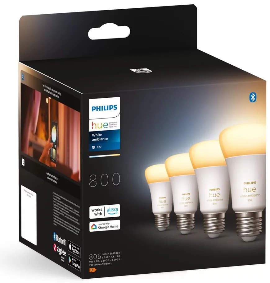 Inteligentne żarówki LED z gwintem E27, 9 W zestaw 4 szt. White ambiance – Philips Hue