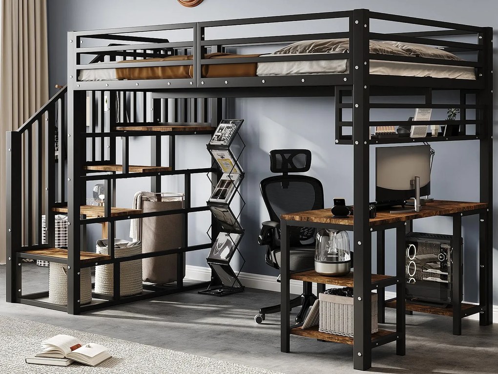 Łóżko na antresoli 120x200 cm - z biurkiem i półką przechowawczą - schody z poręczami - Metal + płyty wiórowe - Czarny