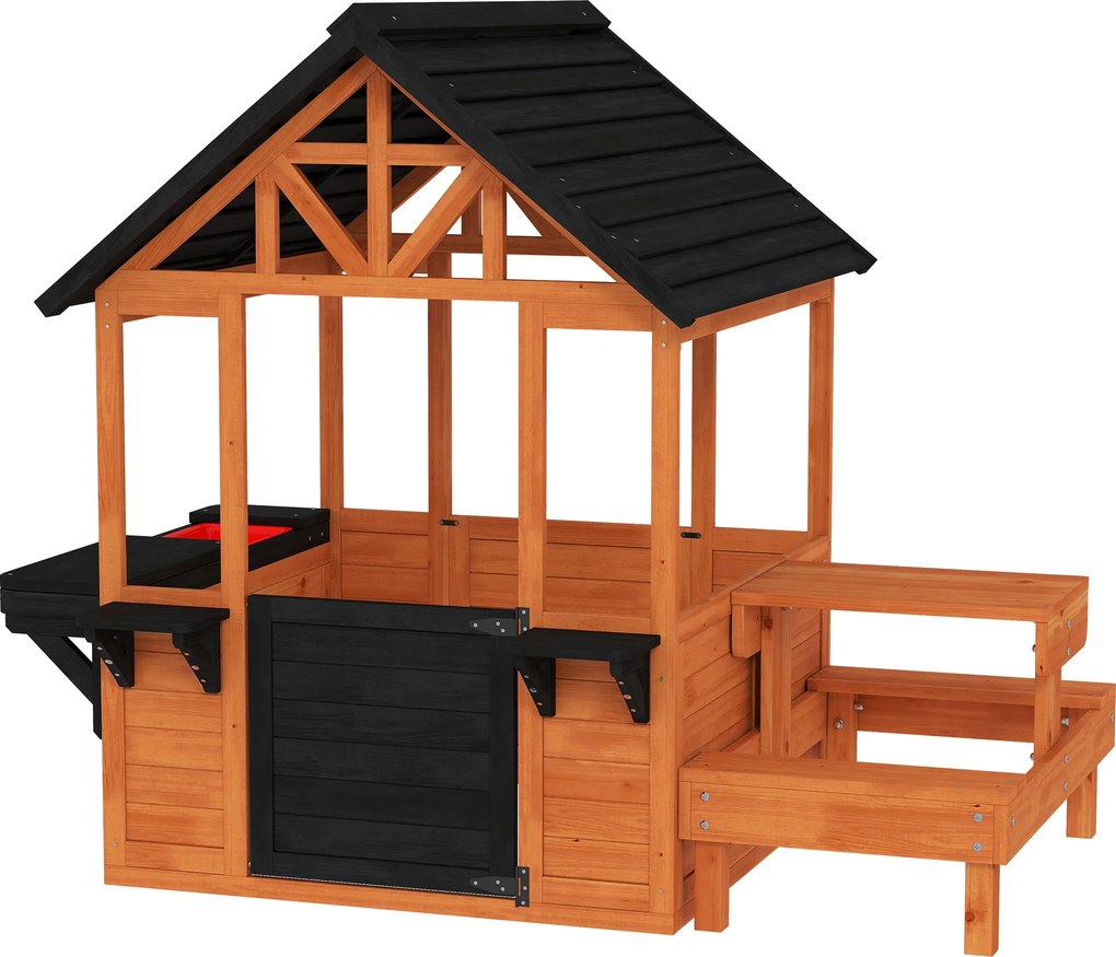 AIYAPLAY Domek ogrodowy z drewna dla dzieci z ławkami, stołem, zlewem, oknem, stojakiem na doniczki dla dzieci w wieku 3-8 lat, jasnobrązowy | Aosom PL