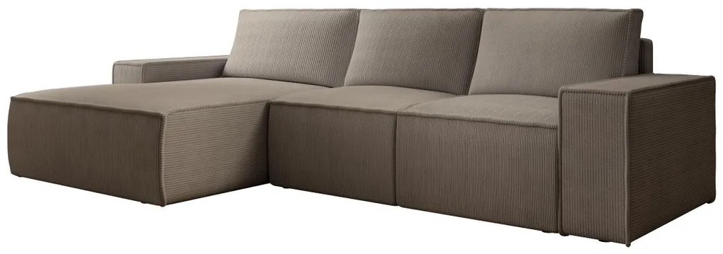 Kanapa narożna rozkładana, duża lewostronna z weluru sztruksowego w kolorze taupe AMELIA