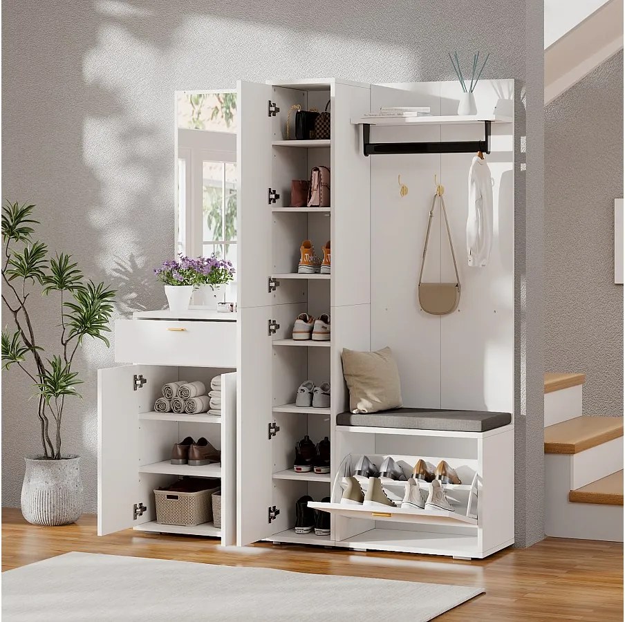 Szafa/wieszak - 150 x 36 x 180 cm - z ławką na buty + szafką + lustrem + szufladami - płyta wiórowa - biała