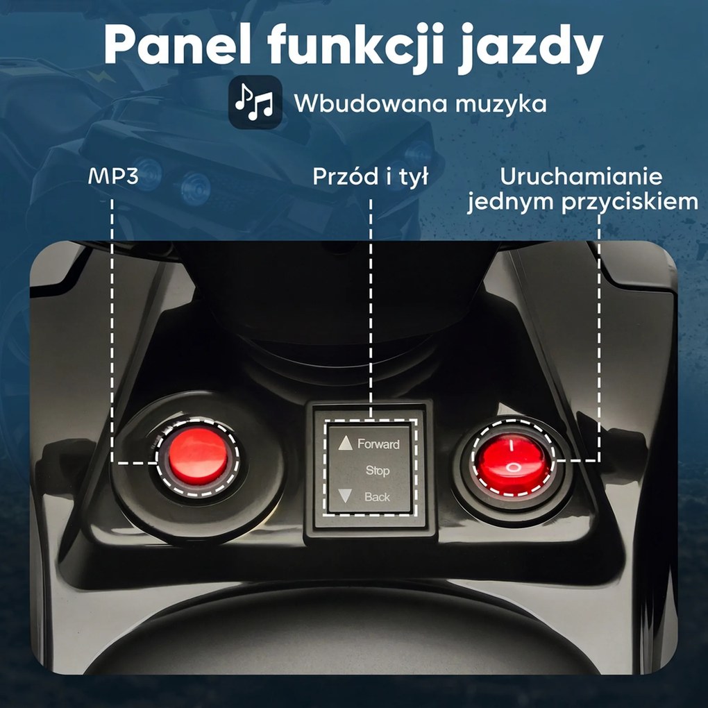 AIYAPLAY Quad dziecięcy elektryczny 6 V quad dla dzieci z funkcją przód/tył, muzyką, reflektorami LED Czarny