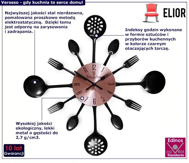 Oryginalny czarny zegar ścienny z przyborami kuchennymi Perla