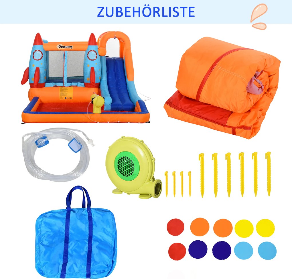 Outsunny Dmuchany Zamek ze Zjeżdżalnią dla 4 Dzieci - Świetna Zabawa od 3 do 10 lat, 350x250x185cm