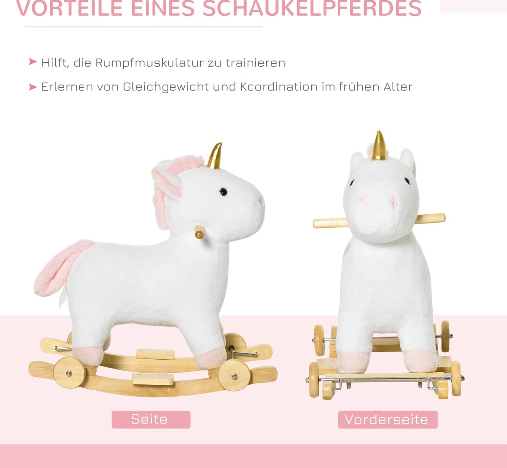 HOMCOM Koń na biegunach 2 w 1 zwierzak na biegunach huśtawka dla dzieci zabawka dzieci dźwięki kółko kolor biały