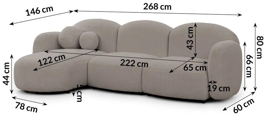 Szary narożnik z materiału bouclé (lewostronny/z szezlongiem) Orbit – Ropez