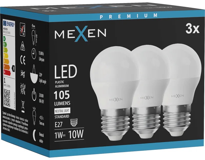 Mexen Nova 3x żarówka LED E27, G45, 1W, Neutralna - 4000K, 105 lm - L101-E27-0140-01x03