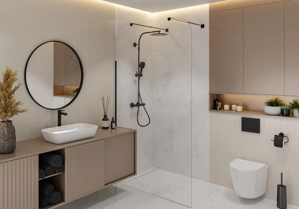 Ścianka prysznicowa przezroczysta 8 mm WALK IN MOLIS CLEAR SQUARE MASSI | rożne rozmiary : Kolor profili kabiny - złoty, Szerokość ścianki - 70 cm, Typ montażu - WALK in FIX (Do ściany)