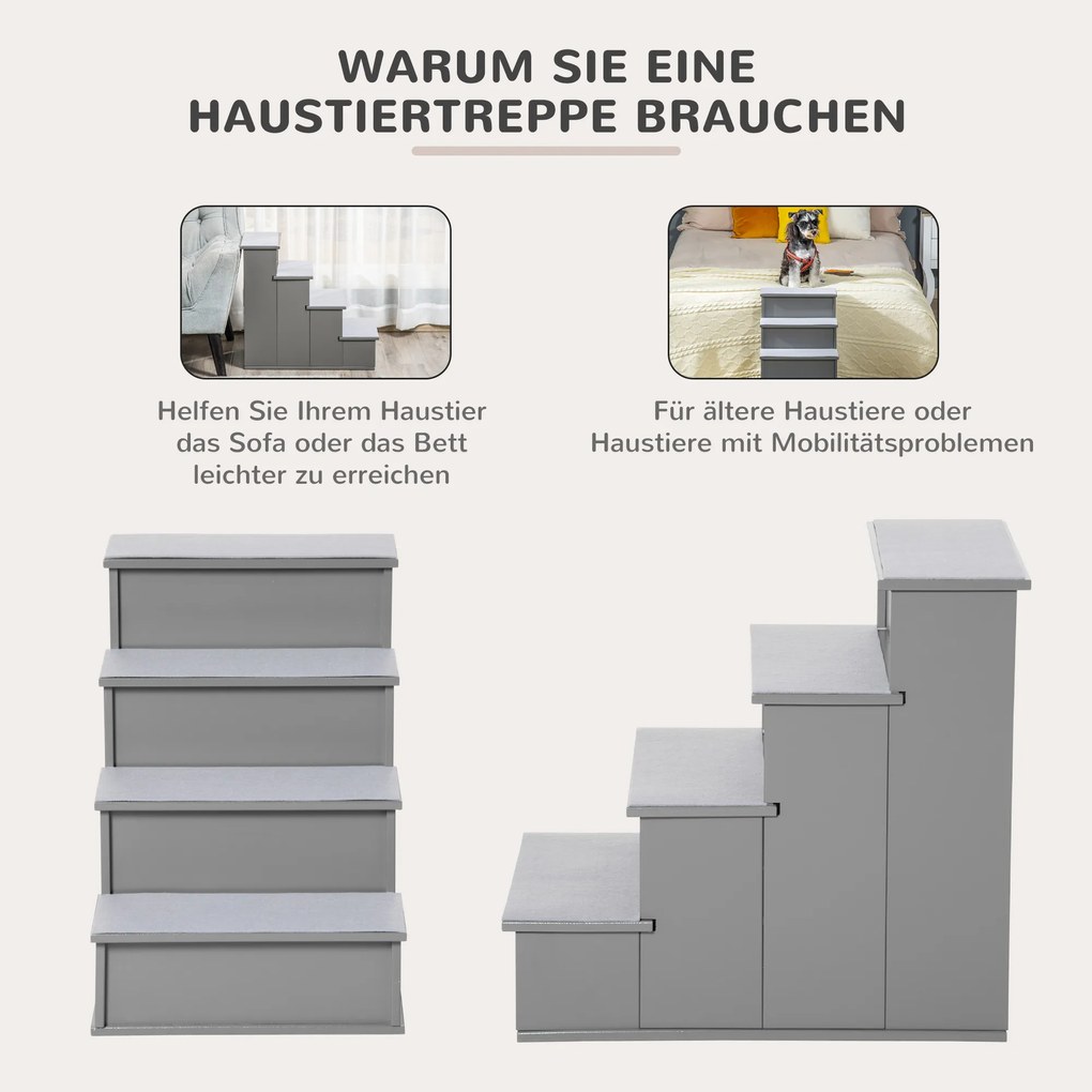 PawHut Schody dla Zwierząt, dla Psów/Kotów, 4-stopniowe, Krótki Plusz, do 30 kg, 40 x 59 x 54,2 cm, Szare