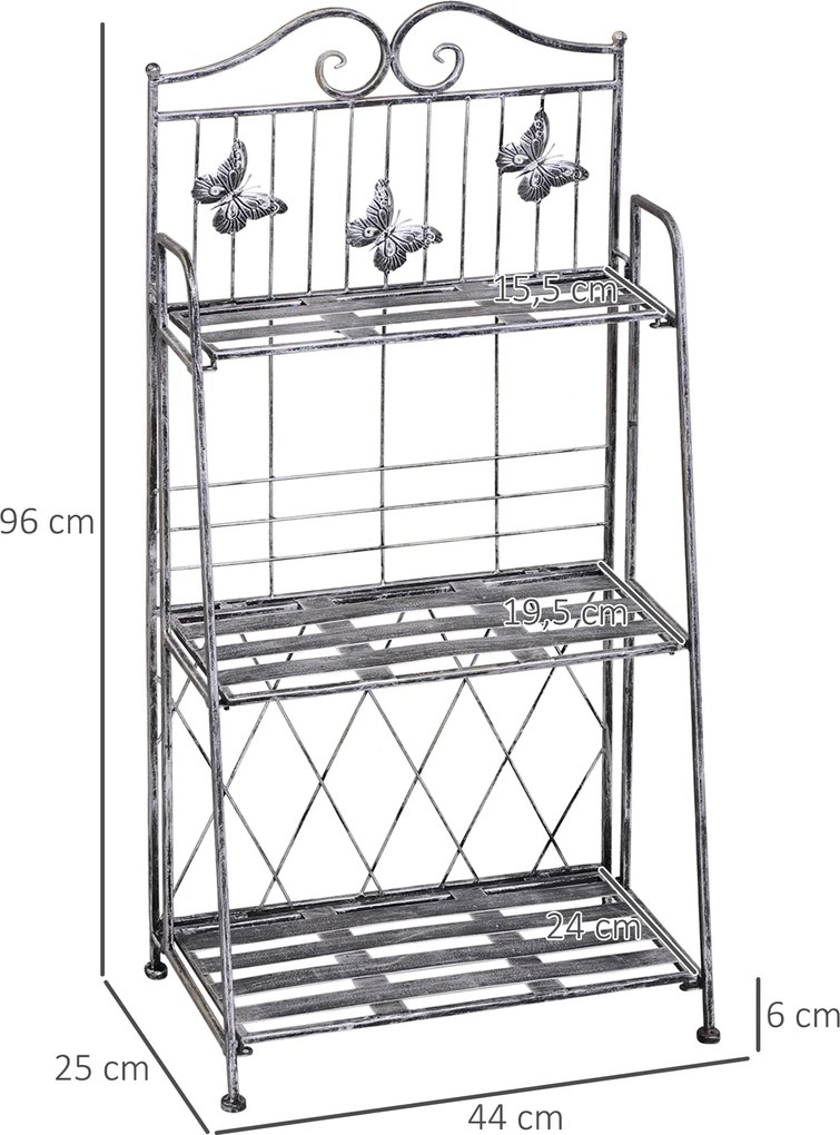 Outsunny Metalowy Regał na Kwiaty 3 Poziomy Składany Stojak na Rośliny Design Ogrodowy Srebrny 44x25x96cm | Aosom PL