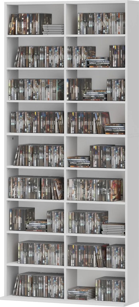 HOMCOM Regał na DVD, Stojak na CD z 14 regulowanymi półkami, 18 przegródkami, 175 cm, Regał na Blu-ray, Płyta wiórowa, Biały
