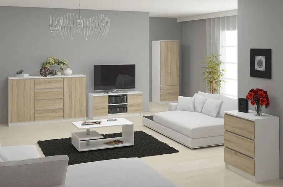 Skandynawska szafka RTV biała + dąb sonoma - Galapi 3X 120 cm