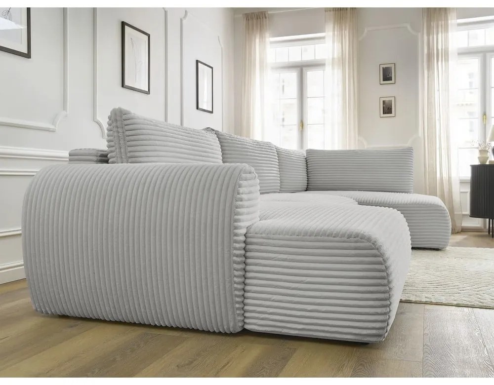 Jasnoszary sztruksowy rozkładany/ze schowkiem narożnik (prawostronny/w kształcie litery U) Lucien – Bobochic Paris