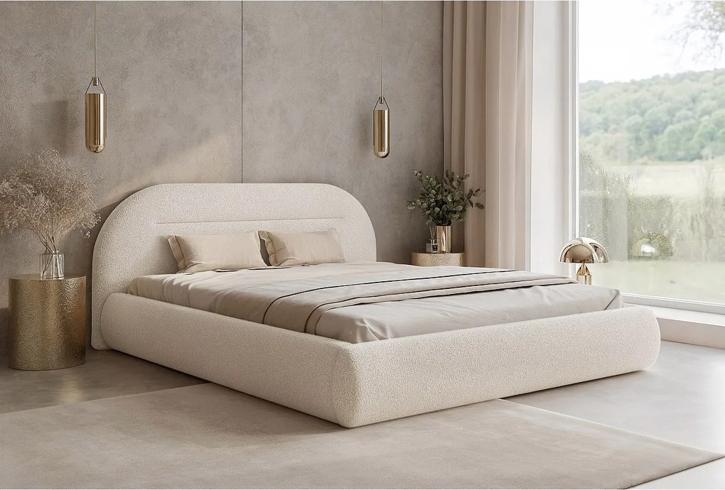 BESILIO Nowoczesne łóżko z pojemnikiem 180x200 Apolline - łóżko zaokrąglone wezgłowie, miękka tkanina pluszowa- Kremowy