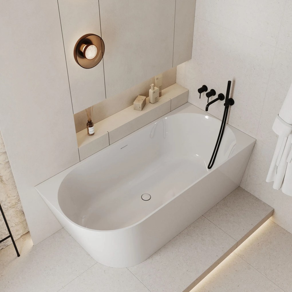 Wanna wolnostojąca narożna prawa konglomerat beżowa błyszcząca 160 x 75 cm WALL Beige Glow z przelewem typu SLIM : Kolor wanny - Biały połysk