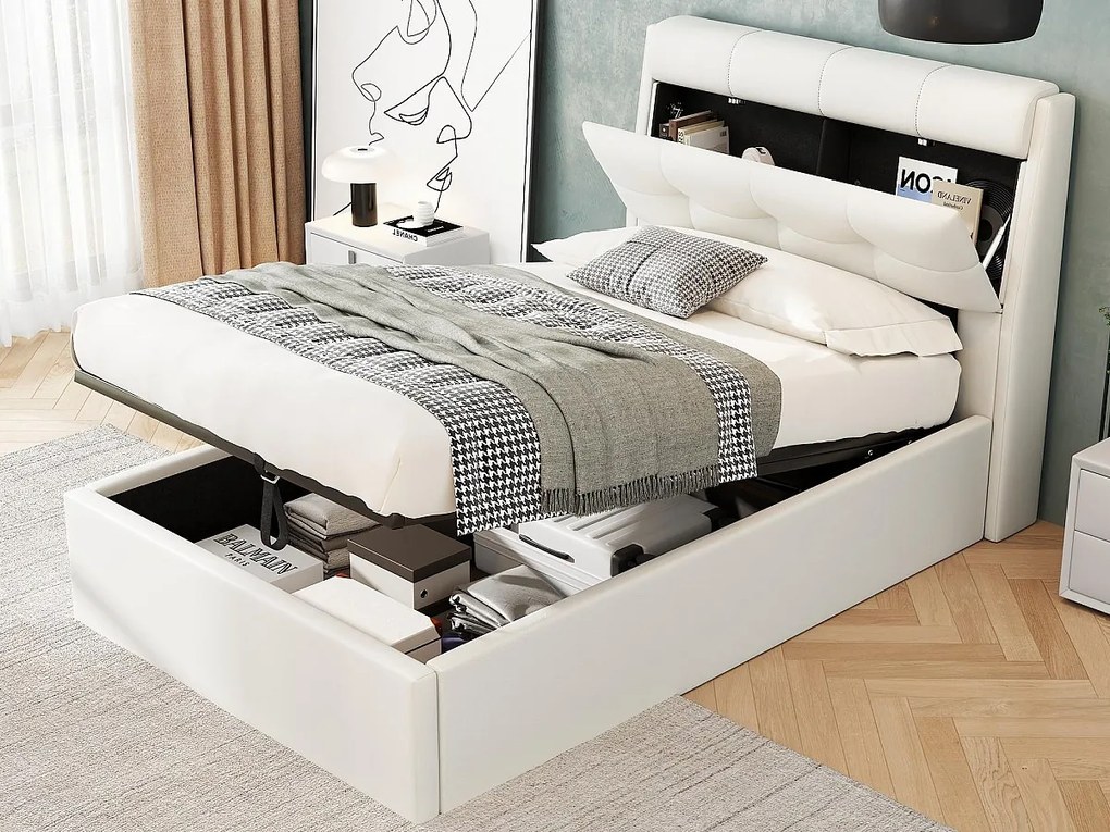 Łóżko 90x200 cm - z ekoskóry - wezgłowie z miejscem do przechowywania - Białe