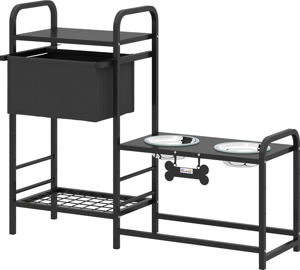 PawHut Podwyższona miska dla psa Regulowana wysokość Miska z miejscem do przechowywania Poidło 2 x 800 ml miski ze stali nierdzewnej 89,5x27x74 cm Czarny | Aosom PL