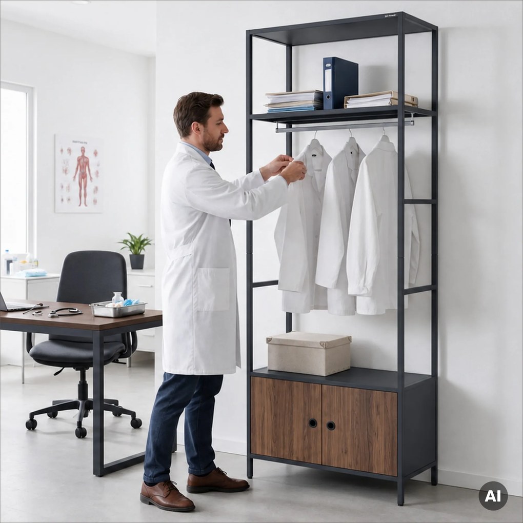 Regał biurowy otwarty z drążkiem na ubrania, do recepcji i poczekalni, metalowy, antracytowy/orzech, 800x2200x400 mm: ARIEL Eco Design