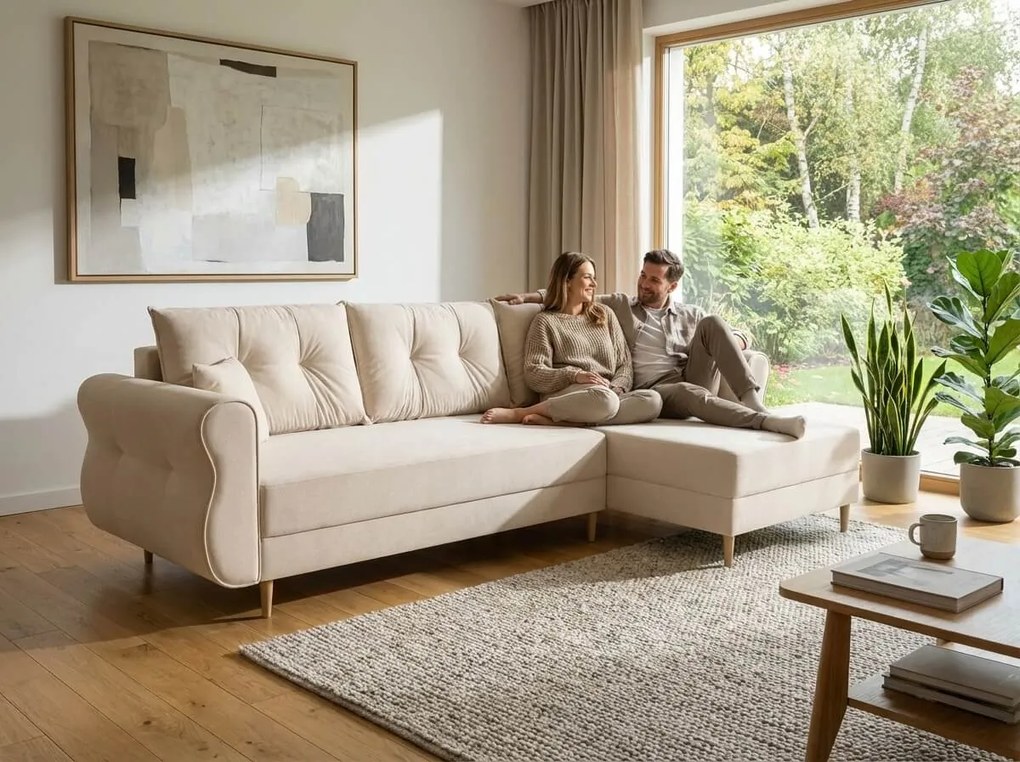 Rozkładana narożna sofa SILVIANO 230x140 cm, kremowa, uniwersalna