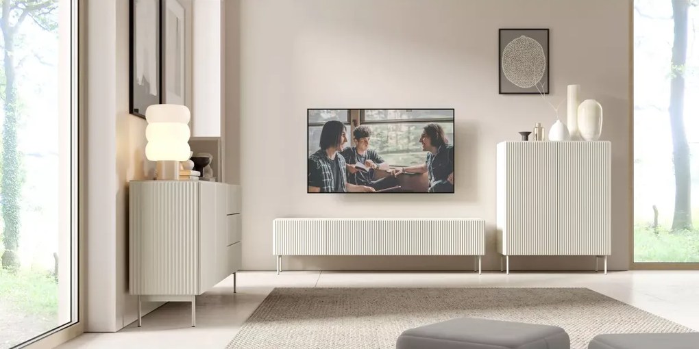 Szafka RTV Tiana 4 drzwiowa 195 cm – nowoczesna szafka pod telewizor z ryflowanymi frontami