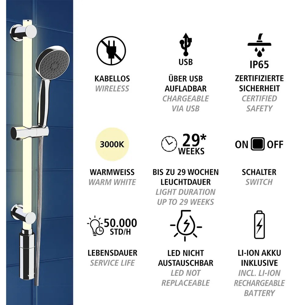 Drążek prysznicowy LED 74 cm, ciepła biel, WENKO