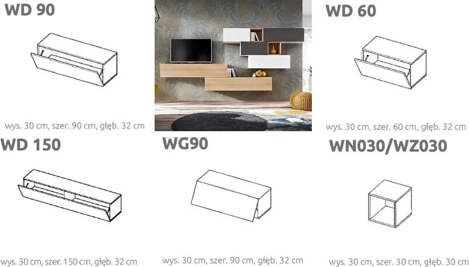 Zestaw mebli wiszących Briks Set 9 buk artisan/biały mat/szary mat