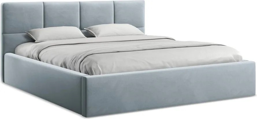 Jasnoniebieskie aksamitne tapicerowane łóżko dwuosobowe ze schowkiem ze stelażem 140x200 cm Hiko – Makamii