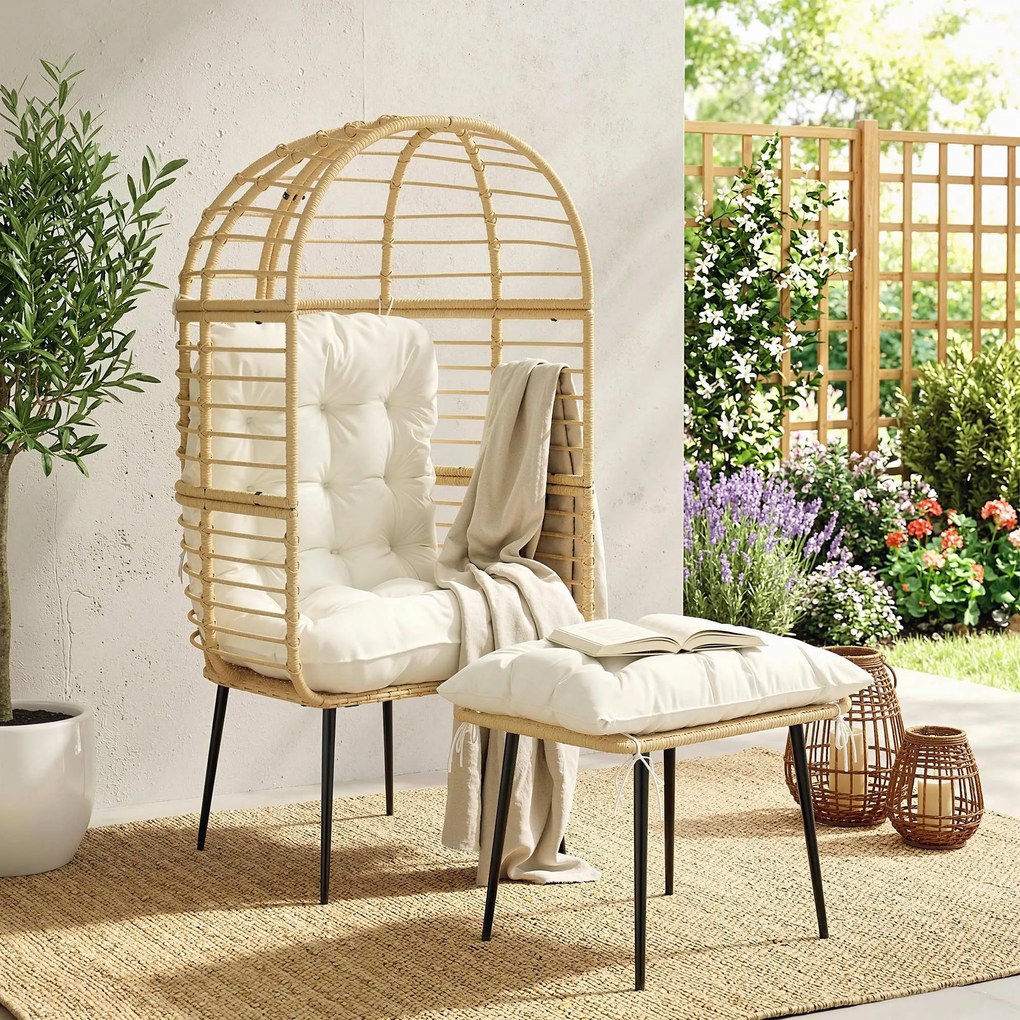 Outsunny Fotel ogrodowy z podnóżkiem, PE-rattan, w kształcie jajka, fotel koszowy z grubymi poduszkami, metalowa rama, beżowy | Aosom PL