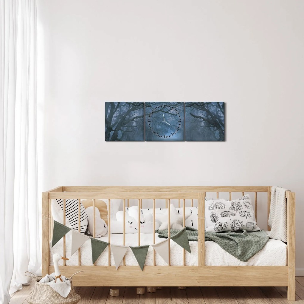 Obraz lasu we mgle (z zegarem) (90x30 cm)