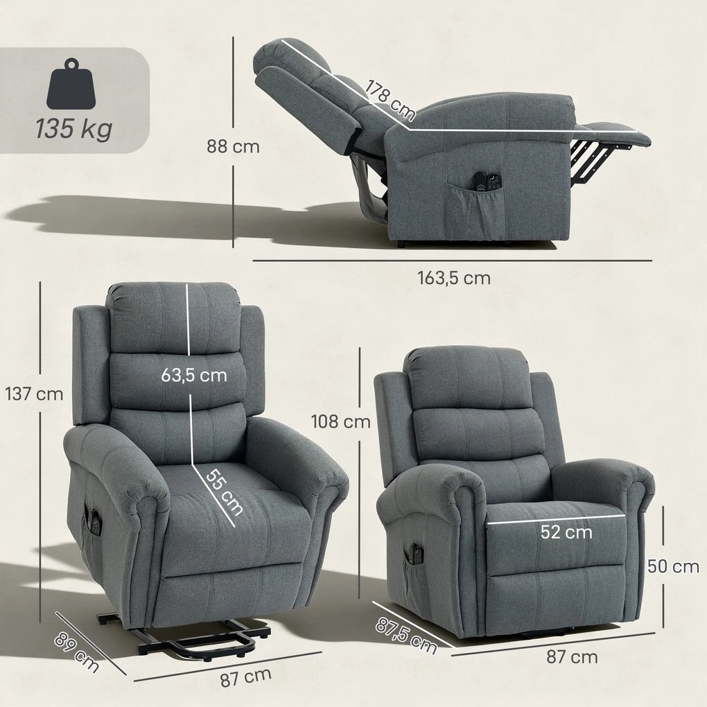 HOMCOM Fotel masujący z funkcją ułatwiającą wstawanie, fotel relaksacyjny, głowice wibracyjne, z funkcją odchylania, wygląd lnu, szary | Aosom PL