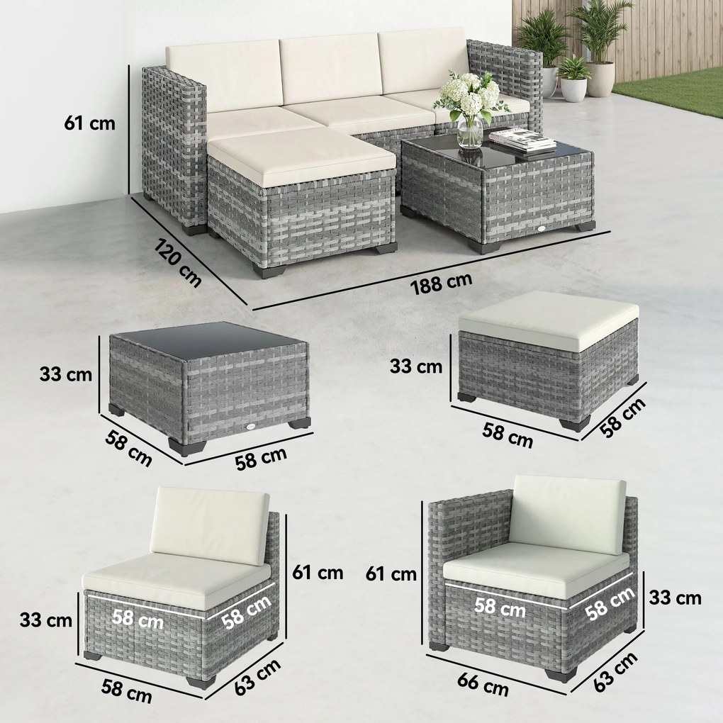 Outsunny Zestaw mebli ogrodowych polyrattan 5 elementów narożna sofa z podnóżkiem i stolikiem kawowym kremowy szary | Aosom PL
