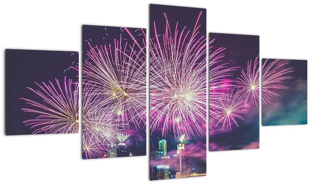 Obraz nocnego miasta z fajerwerkami (125x70 cm)