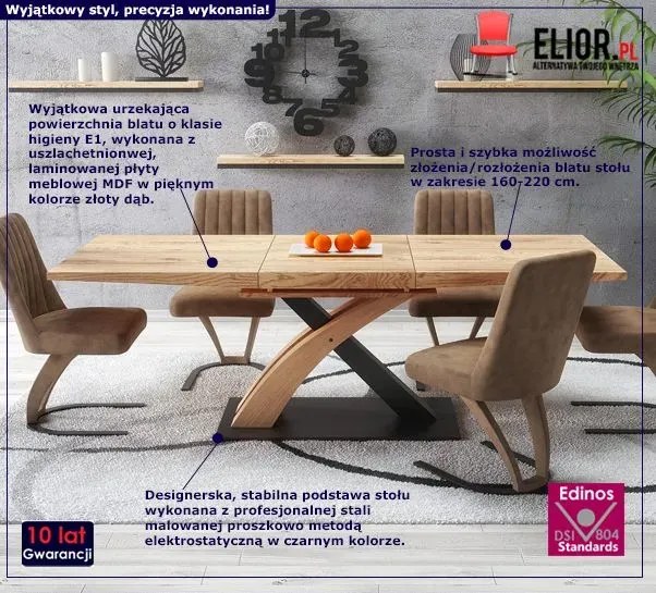 Nowoczesny rozkładany stół do salonu Nomer 2X - złoty dąb