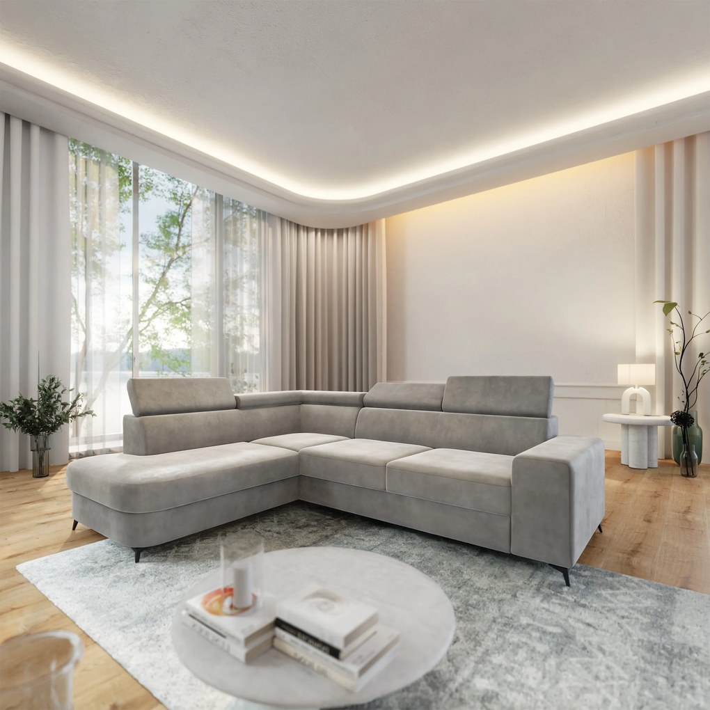 Masseno Narożnik ALVORO z funkcją spania i pojemnikiem na pościel Narozniki L, Rozkładana sofa - Jasnoszary, MONOLITH 84