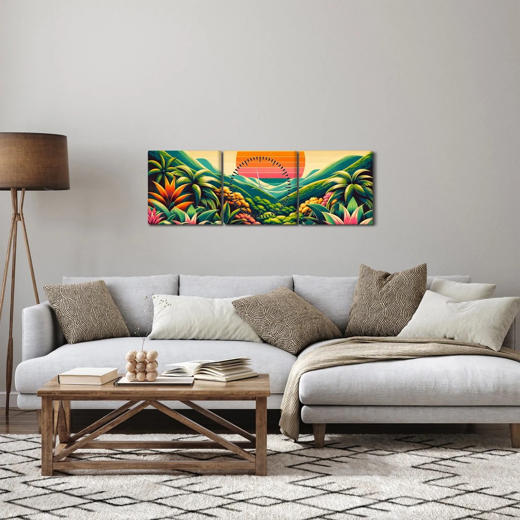 Obraz - Kolorowy zachód słońca (z zegarem) (90x30 cm)