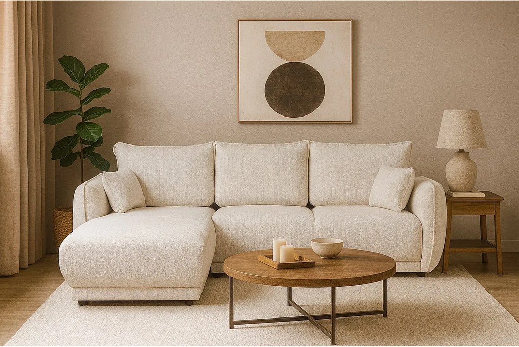 Narożnik lewy Loren z funkcją spania 255x165x91 cm – tkanina Bello 5 kremowa