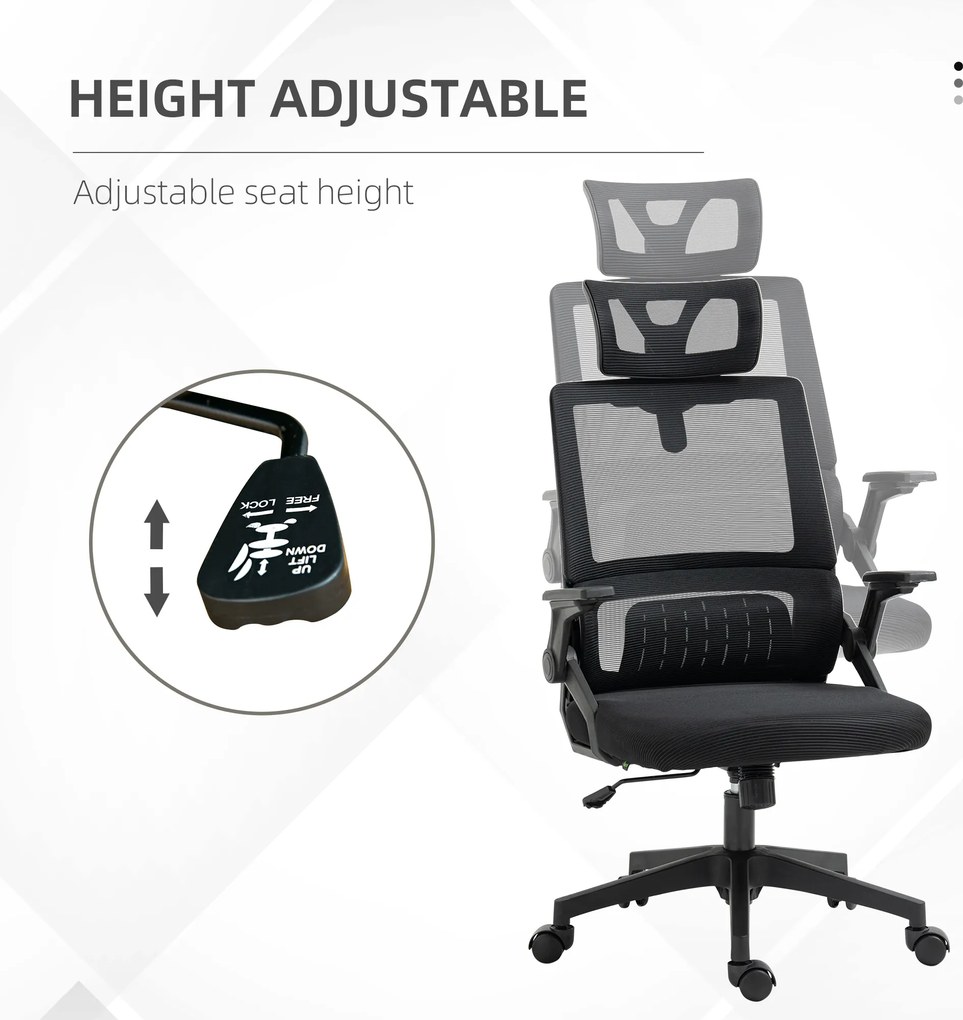 Vinsetto Fotel Biurowy Obrotowy Regulowany z Podparciem Głowy 58x61x119cm Czarny | Aosom PL