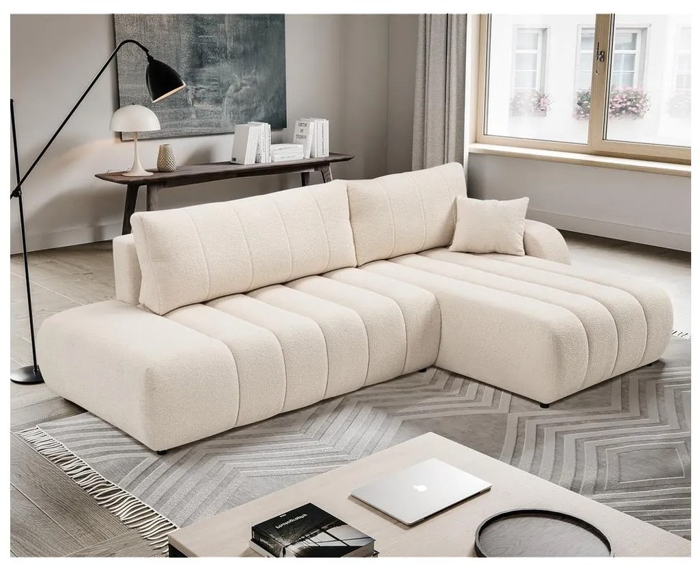 Rozkładany narożnik DESIO z pojemnikiem, w układzie L, prawostronny, beżowy