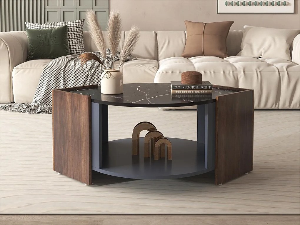 Stolik kawowy - blat efekt marmuru i drewna - Brązowy