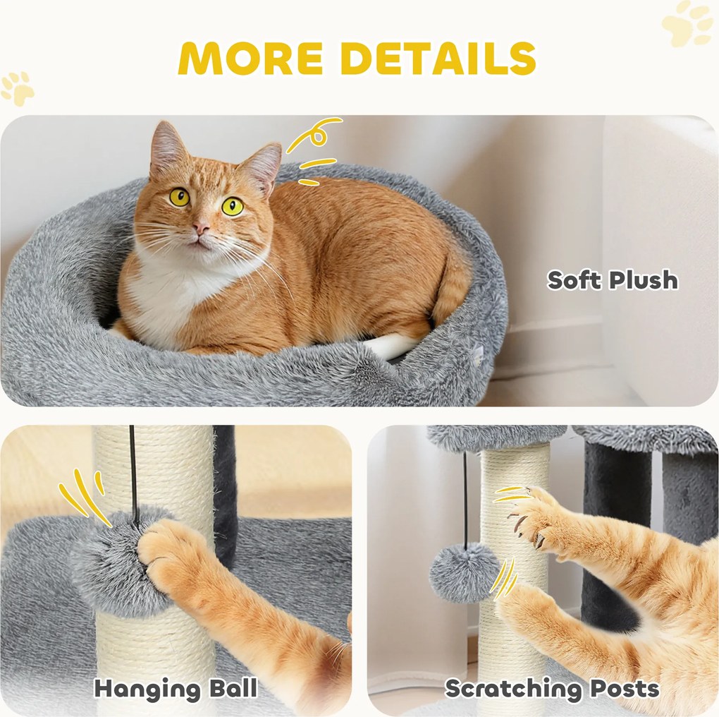 PawHut Drapak i schody dla kota, szeroka podstawa, materiał pluszowy, słupek do drapania z sizalu, szary