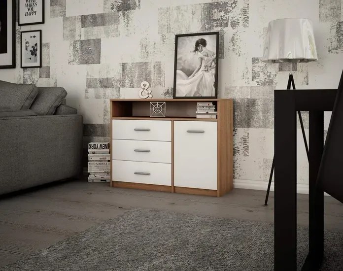 Komoda do salonu z szufladami i półkami dąb sonoma + biały - Nemeso 4X