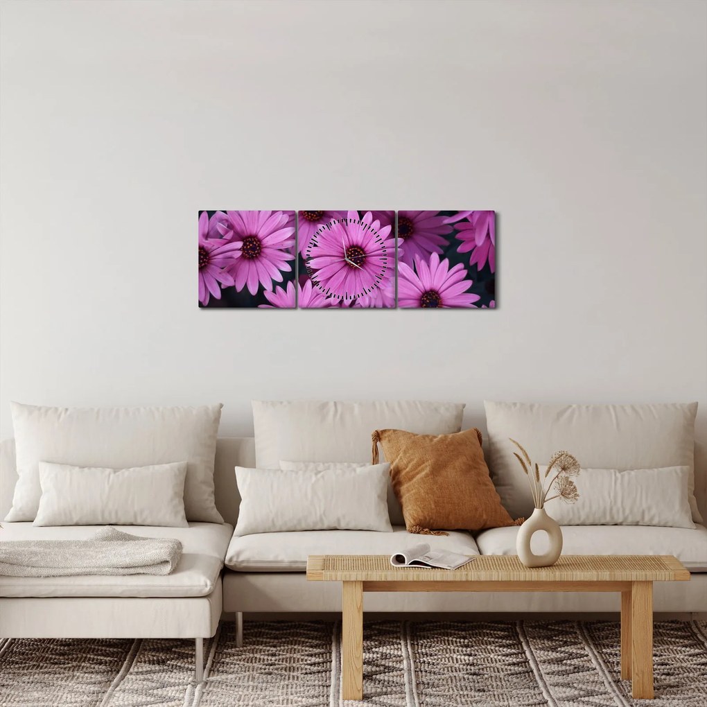 Obraz różowych kwiatów (z zegarem) (90x30 cm)