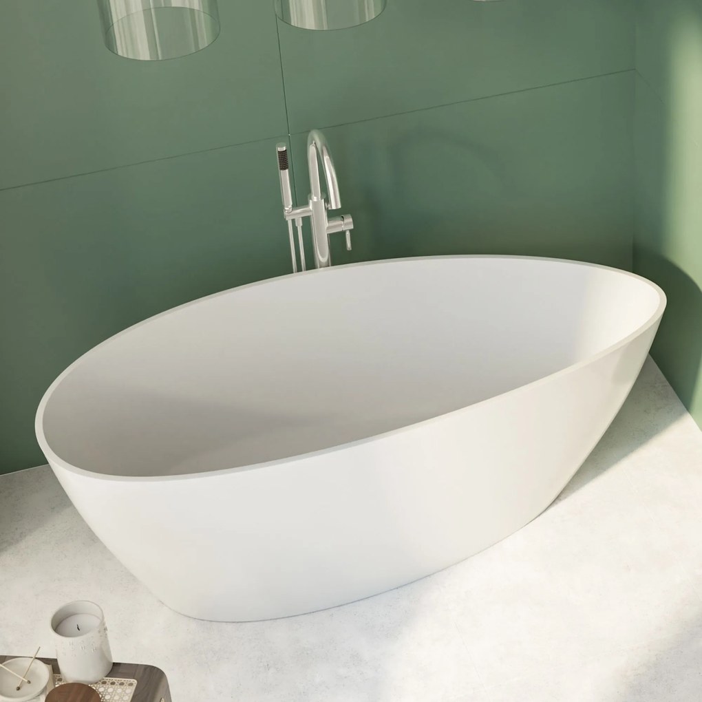 Wanna wolnostojąca MISTE owalna biała z konglomeratu 160 x 70 cm bez przelewu cienki rant | Różne kolory korków : Kolor korka - Biały