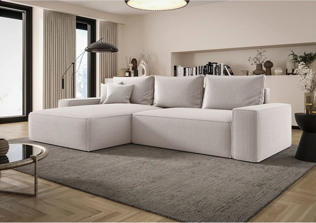 Narożnik MONA z funkcją spania POSO 100 ecru lewy sofa w kształcie litery L z pojemnikiem na pościel kanapa do salonu sofa rozkładana