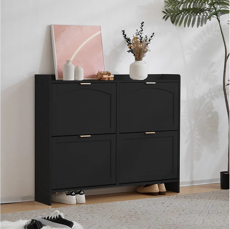 Czarna szafka na buty z 4 drzwiami i otwartymi półkami – do przedpokoju i korytarza