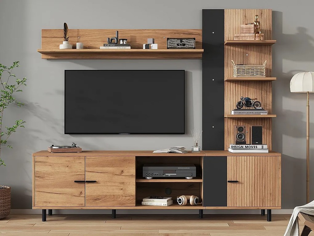 Zestaw mebli TV 187,5x40x167cm - Meble TV + półka ekspozycyjna + otwarte półki - 3 drzwi - Płyta wiórowa - Kolor naturalny i czarny