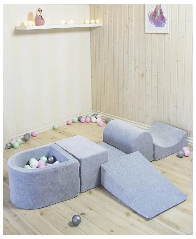 Piankowy zestaw do zabawy z suchym basenem 57x45x30cm/100 piłek 7cm, plac zabaw dla dziecka, 5 elementów, welurowy, jasnoszary, piłki: czarne, szare, białe - meowbaby®