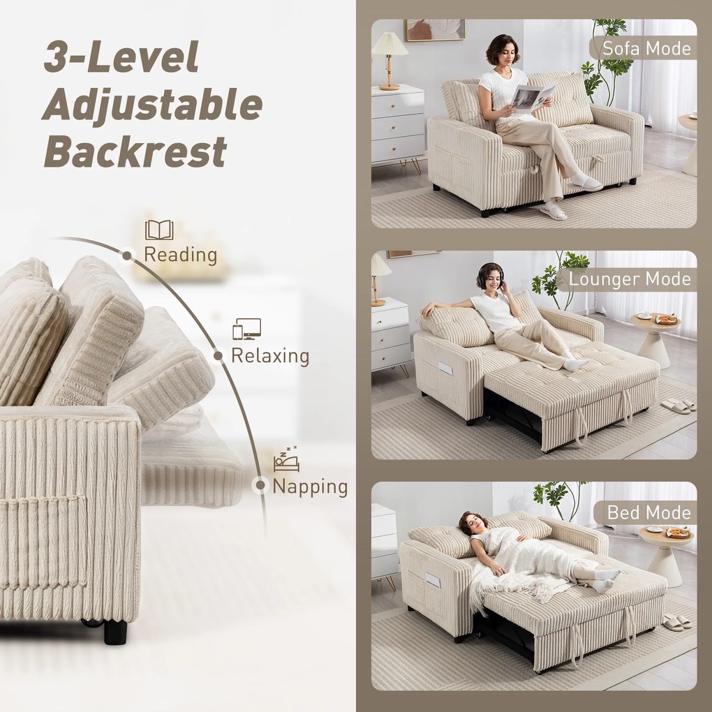 HOMCOM Sofa 2-osobowa z funkcją spania, sztruks, rozkładana, 2 poduszki, kieszenie boczne, 157 x 190 cm, Cremeweiß
