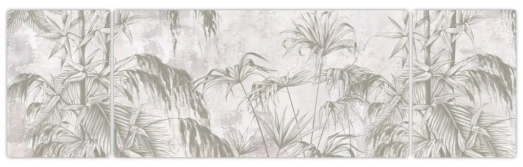 Obraz - Tropikalne rośliny na ścianie w kolorze szarym (170x50 cm)