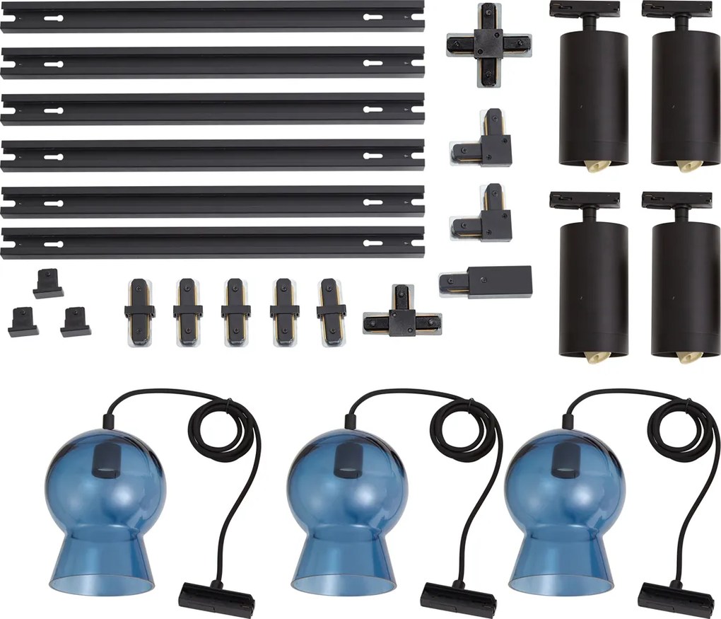 Nowoczesny czarny system szynowy z 4 reflektorami i 3 niebieskimi lampami wiszącymi 1-fazowy - Iconic Bell Jeana Luxe